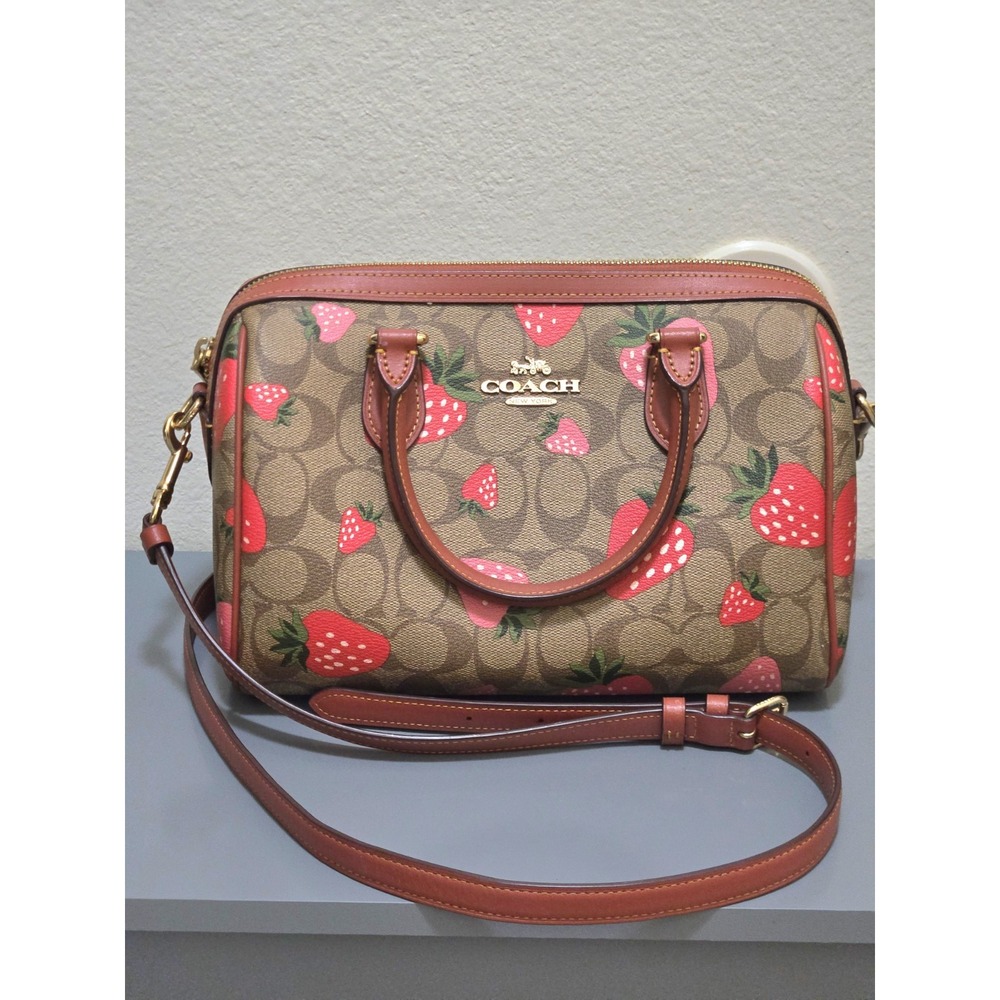 Coach  Rowan Satchel Bag With Wild Strawberry Print authentic purse handbag